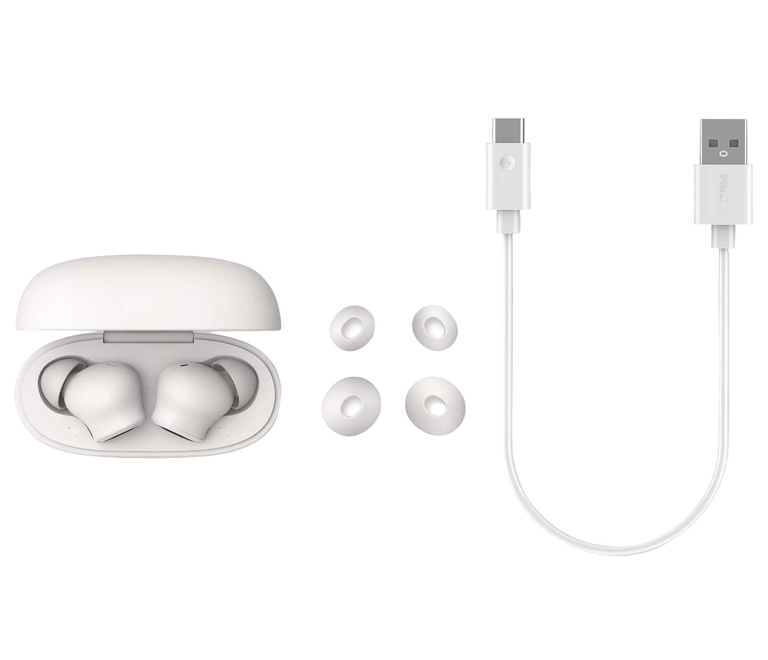 White wireless earbuds with charging case, ear tips, and USB cable on a white background