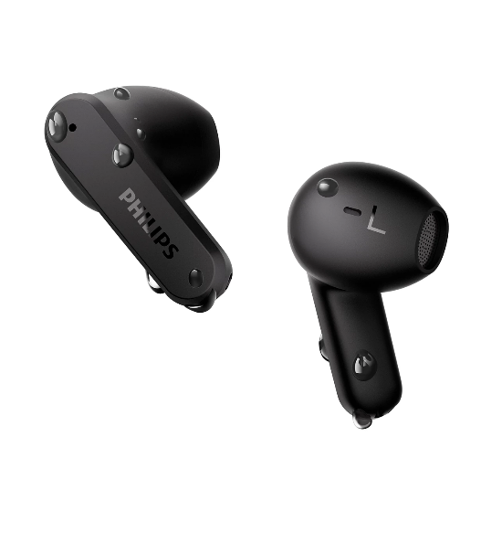 Black Philips wireless earbuds on a white background