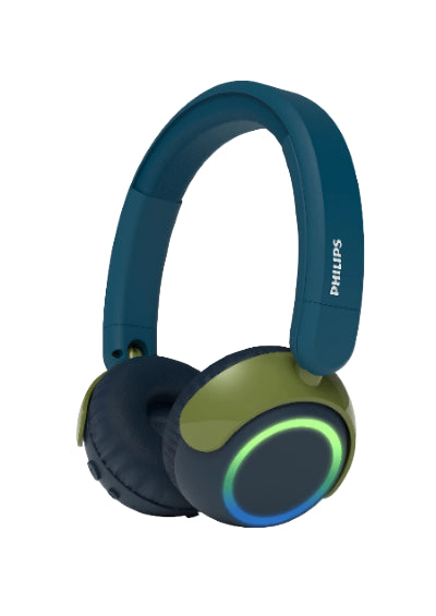 Blue and green Philips headphones on a white background