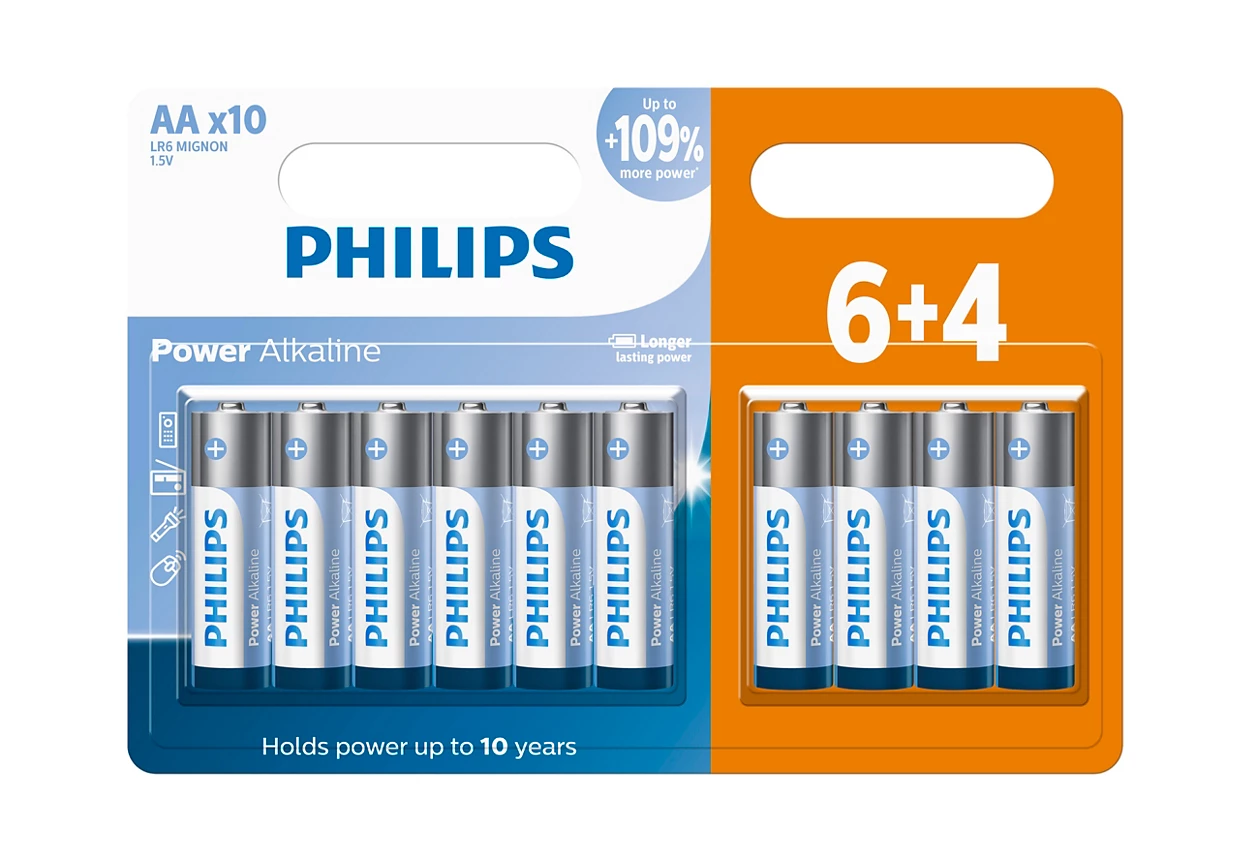 Philips batteries packaging with 6+4 design on a white background