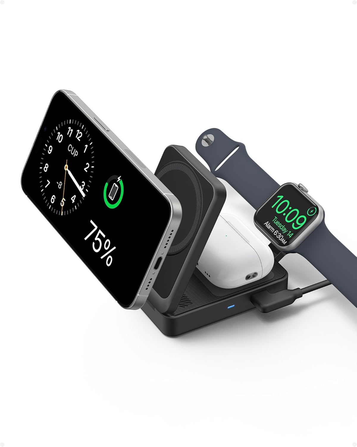 Anker MagGo Wireless Charging Station, 15Watts & Foldable 3-in-1, bundle Cable and charger, Black