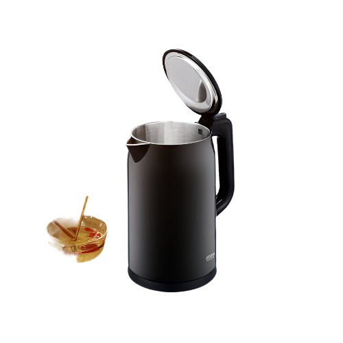 Black electric kettle on a wooden table with tea glasses and a bowl.