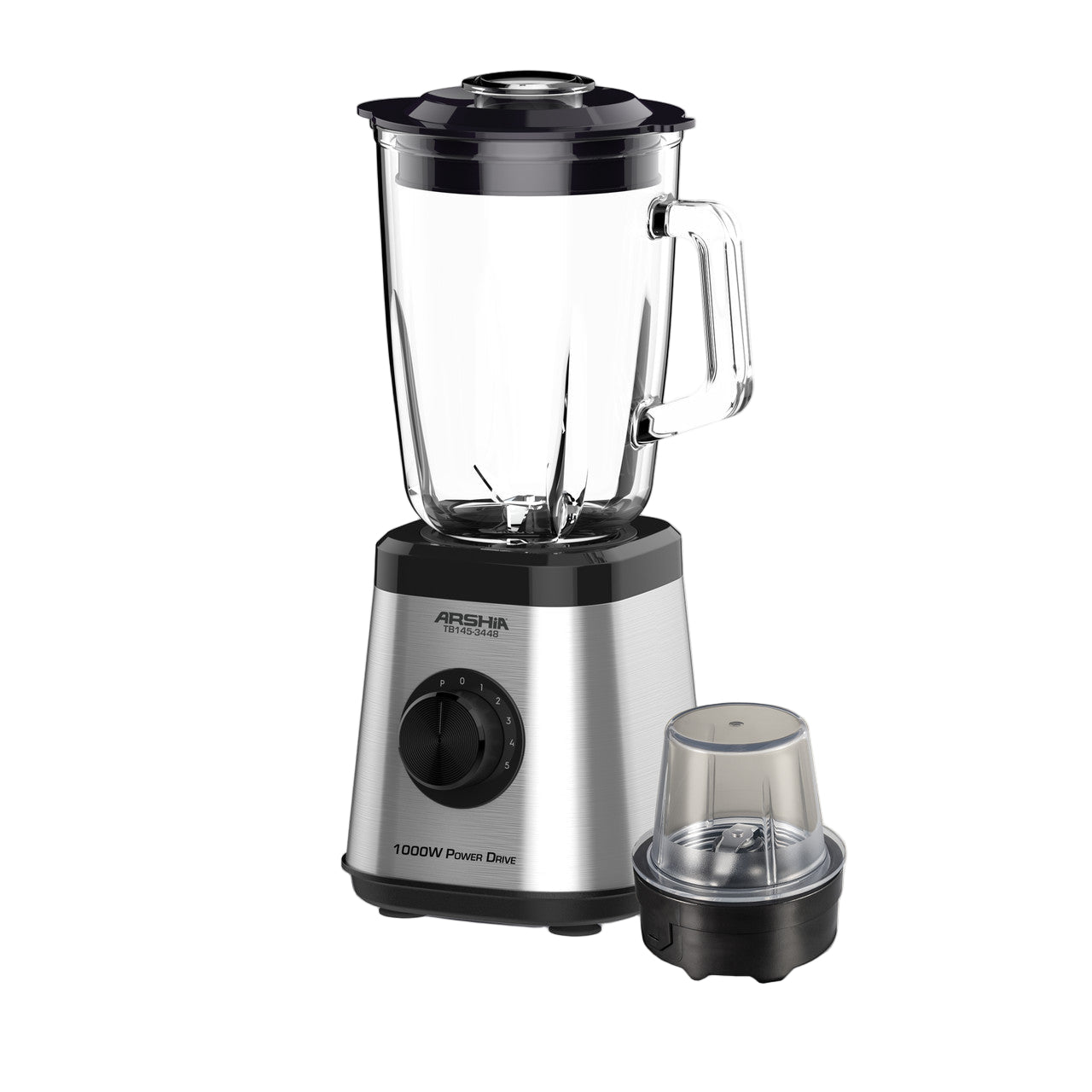 Silver and black blender with a clear container on a white background