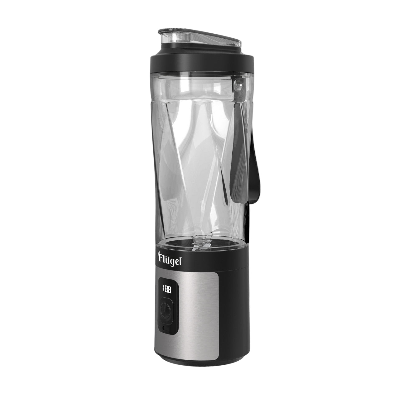 Portable blender with clear container and black base on a white background