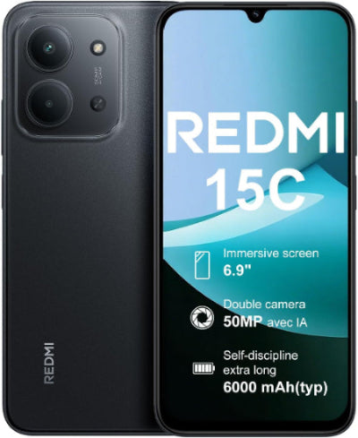 Black Redmi 15C smartphone showing front and back with key features displayed.