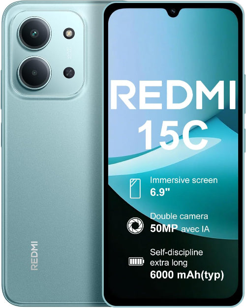 Redmi 15C smartphone showing front and back with key features displayed.