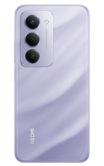 Back view of a purple smartphone with 'Redmi' branding on a white background