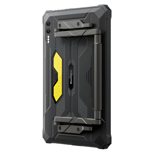 Rugged phone case with black and yellow design on a white background