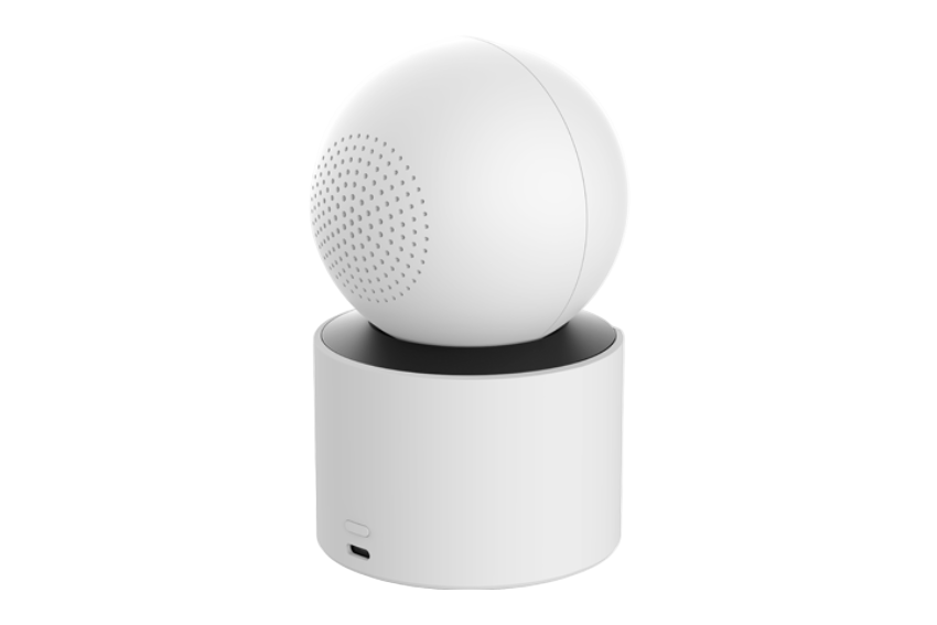 White spherical device on a cylindrical base with a black accent on a white background