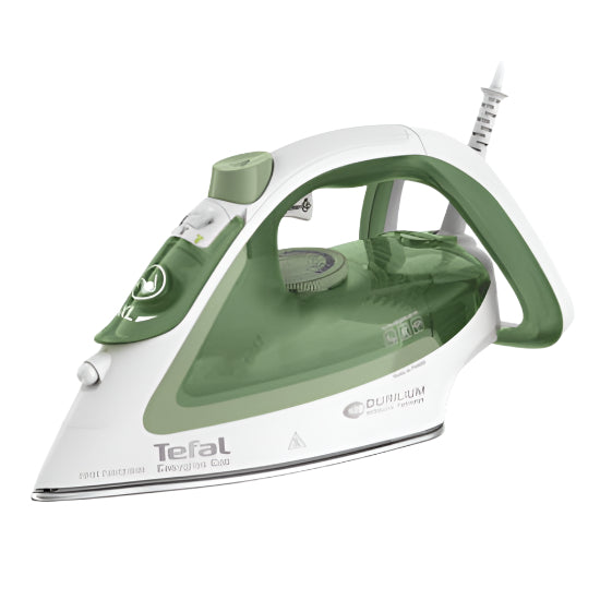 Green and white Tefal steam iron on a white background