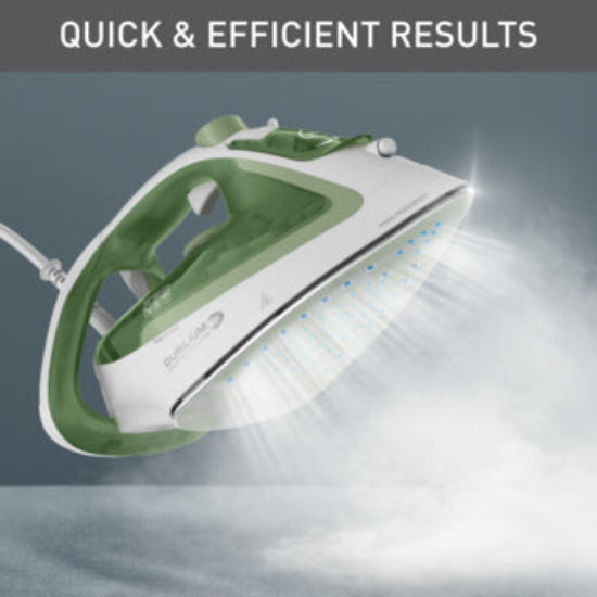 Green and white iron with steam coming out on a gray background, labeled 'Quick & Efficient Results'.