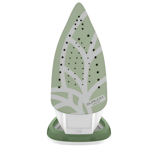 Green and white iron with tree design on a white background