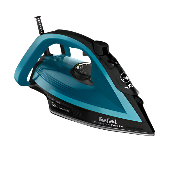 Tefal steam iron with blue and black design on a white background