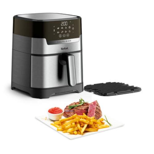 Tefal Air Fryer & Grill Digital 2-in-1 with a digital control panel, displayed alongside a plate of fries and a steak, indicating its cooking capabilities.