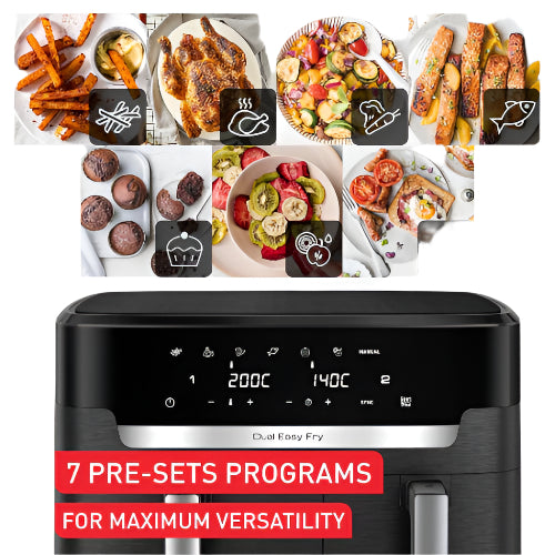 Air fryer with pre-set programs displayed against a background of cooked foods.