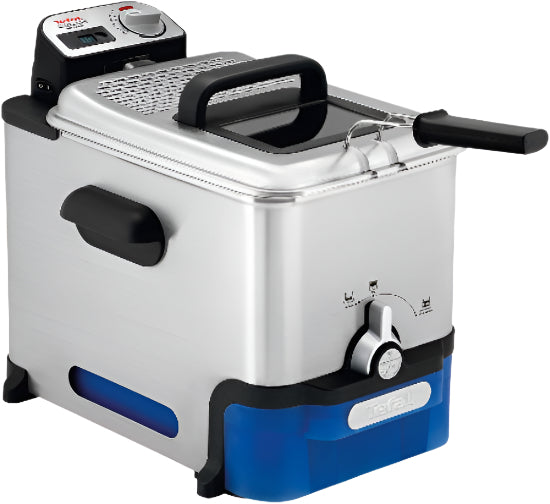 Stainless steel deep fryer with blue base on a white background