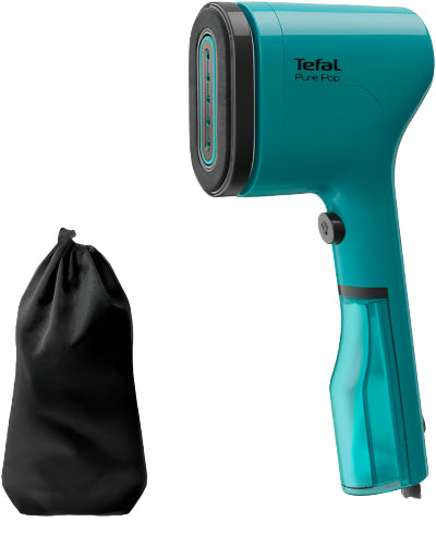 Turquoise Tefal hand dryer with a black drawstring bag on a white background