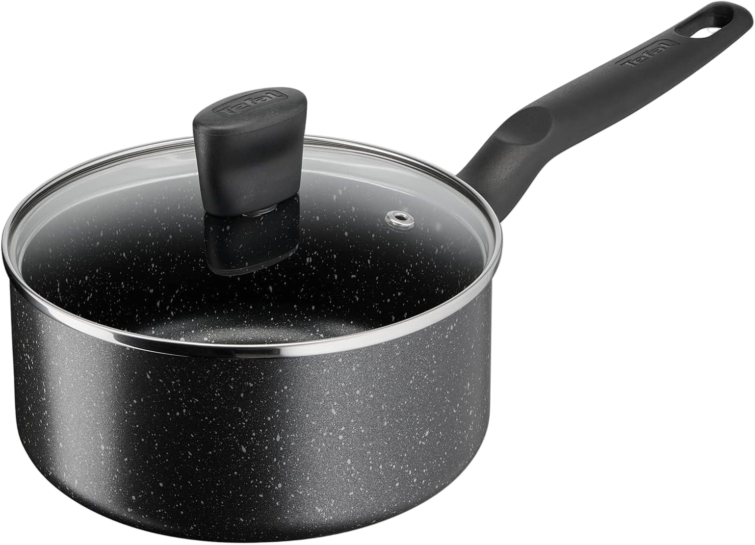 Black speckled cookware with lid on a white background