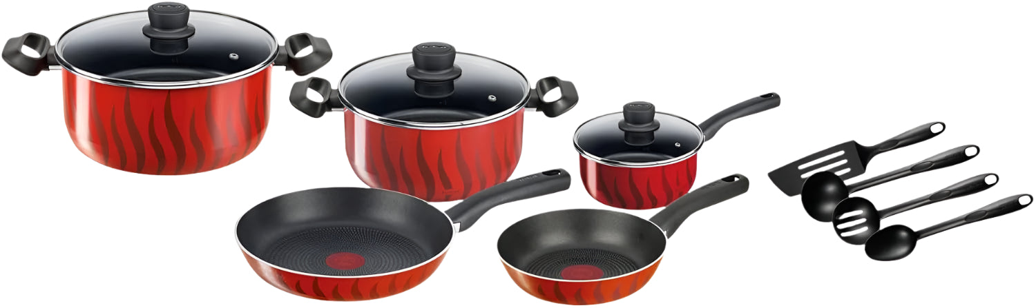 Set of red cookware with black lids and handles, including pots, pans, and utensils on a white background.