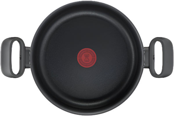 Black frying pan with a red logo on a white background