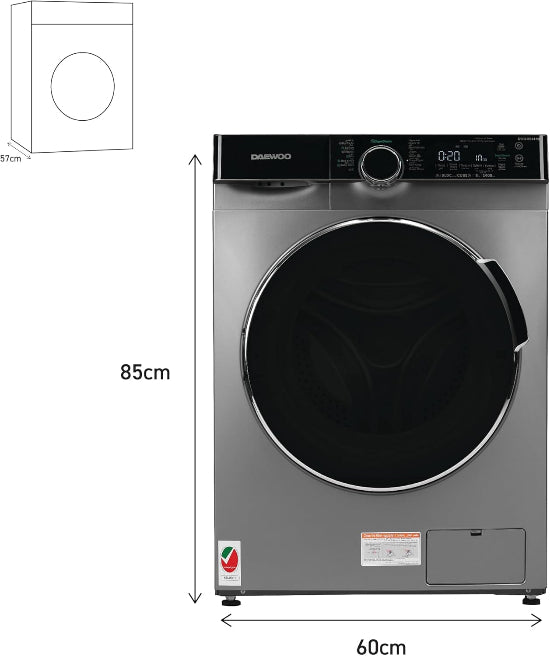 Silver washing machine with dimensions labeled on a white background