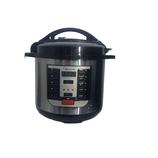 A Lexical brand electric pressure cooker made of stainless steel with a black handle and digital control panel.