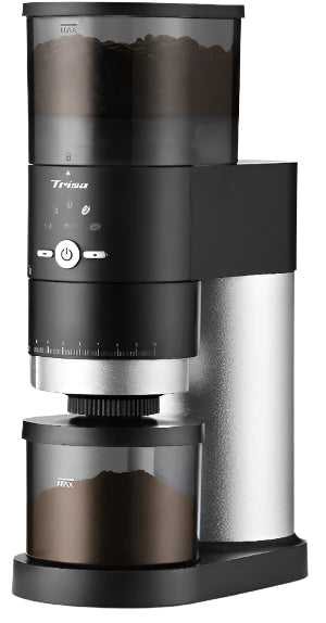 Trisa coffee grinder with a clear container showing ground coffee on a white background