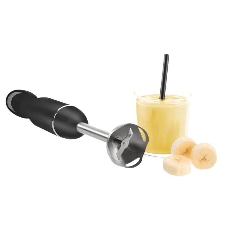 Black and silver kitchen tool next to a glass of banana smoothie with a straw on a white background
