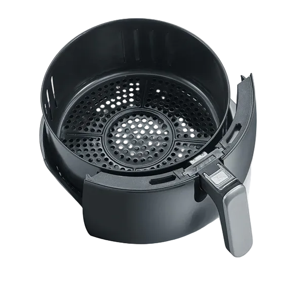 Black air fryer basket with a silver handle on a white background