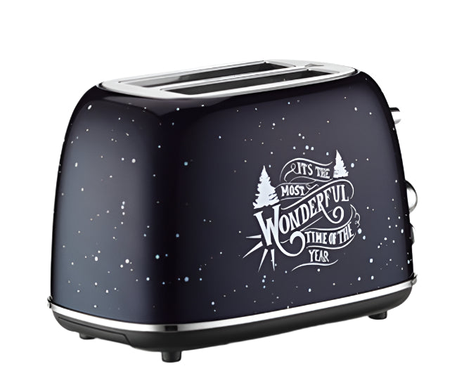 Black toaster with festive design and text on a white background