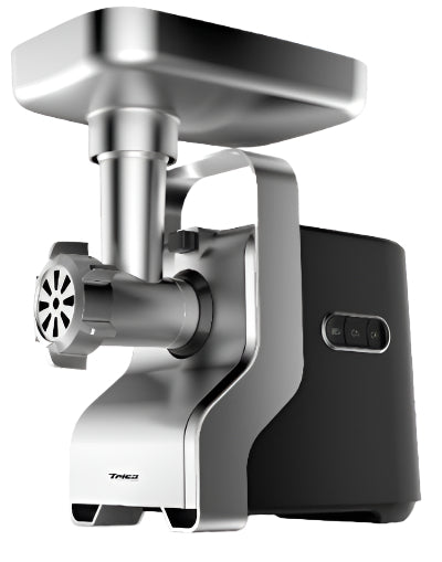 Metallic meat grinder with black control panel on a white background
