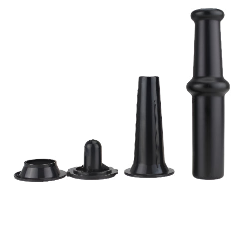 Set of black plastic components on a white background