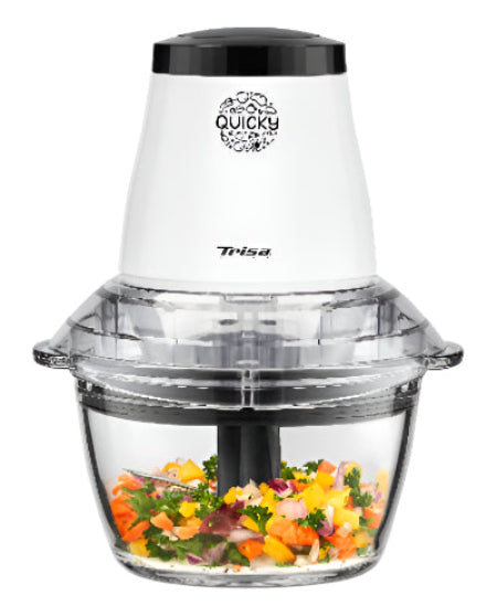 Trisa Quicky food chopper with chopped vegetables on a white background