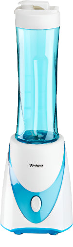 Blue and white portable blender on a white background