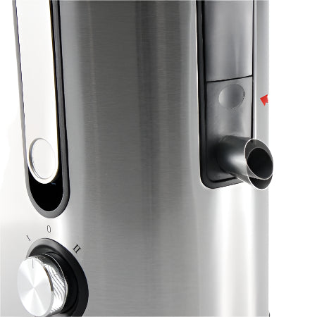 Stainless steel kitchen appliance with control knob and water inlet valve on a white background