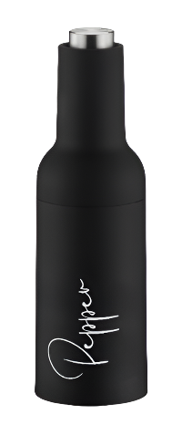 Black pepper grinder with 'Pepper' branding on a white background
