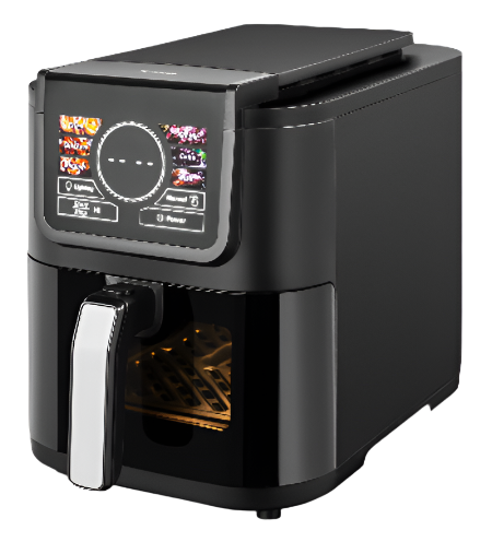 Black air fryer with digital display on a white background