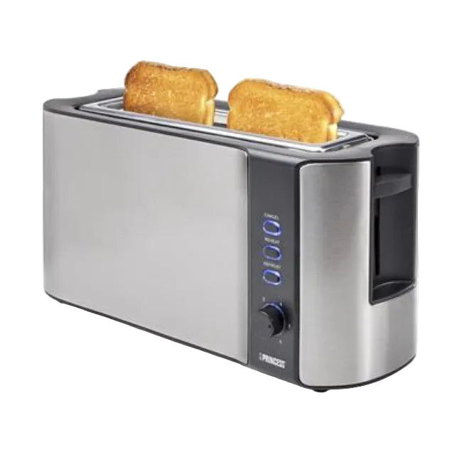 A stainless steel 2-slice toaster with two slices of toast popping out, shown on a clean white background. The brand name 'PRINCESS' is visible on the front panel.