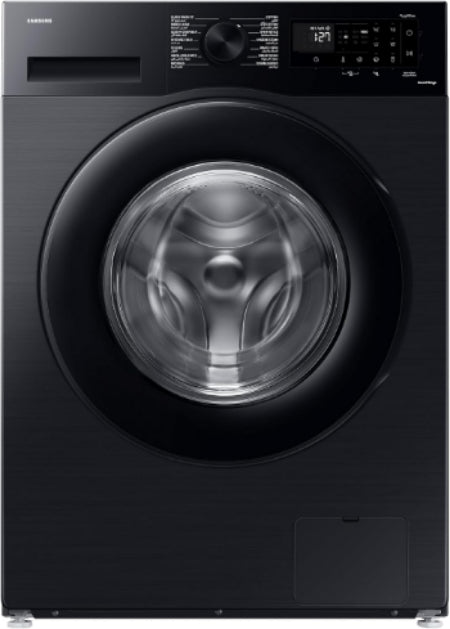Black Samsung washing machine with open door showing interior drum.