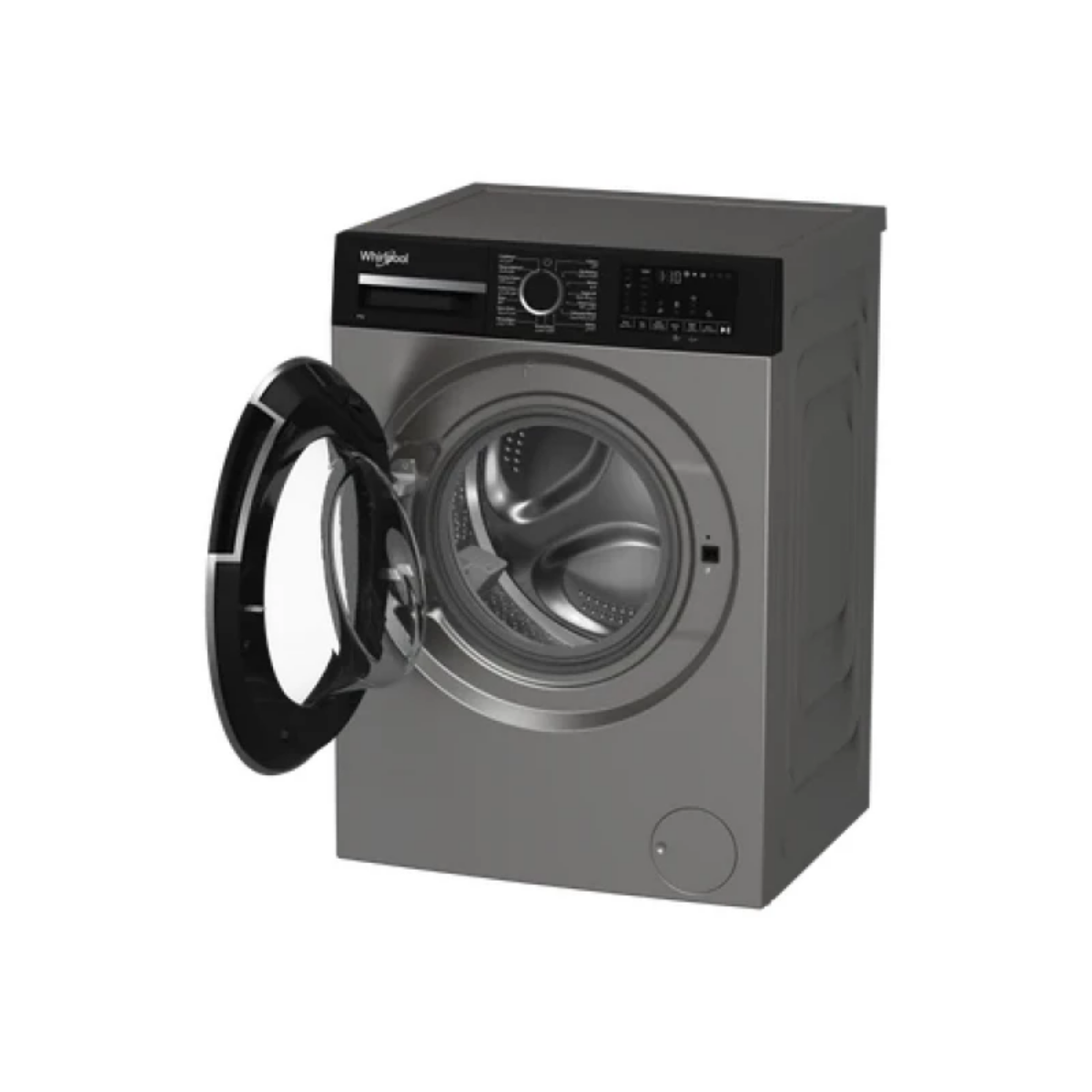 Gray washing machine with open door on a white background