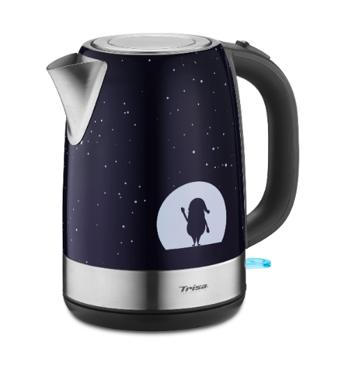 Blue electric kettle with star pattern and Trisa branding on a white background