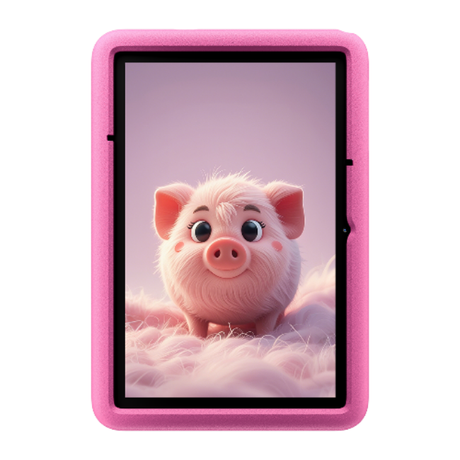 Tablet with a pink case featuring an illustration of a pig on a white background