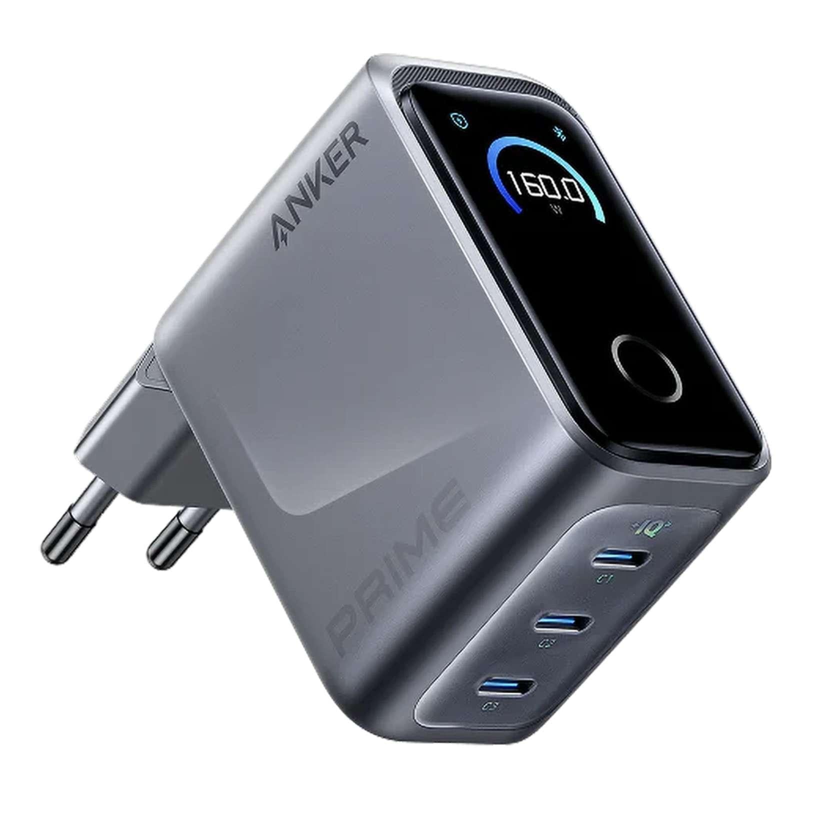 Anker Prime Wall Charger, 160Watts, 3Ports, Smart Display, Grey