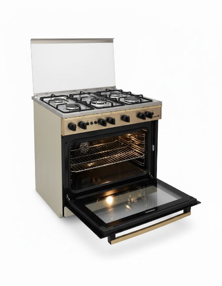 Stainless steel gas stove with open oven door on a white background