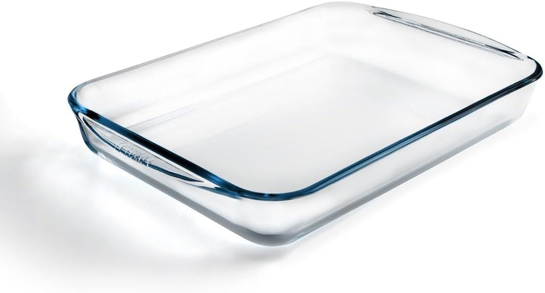 Clear glass rectangular dish on a white background