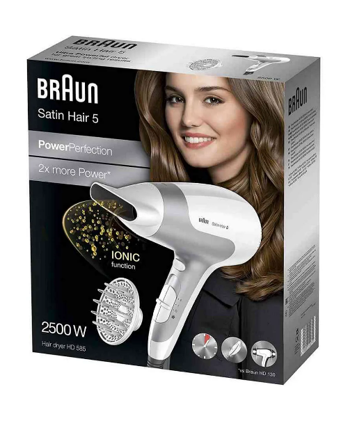 Braun Satin Hair 5 hair dryer packaging with a woman's face and product illustration.