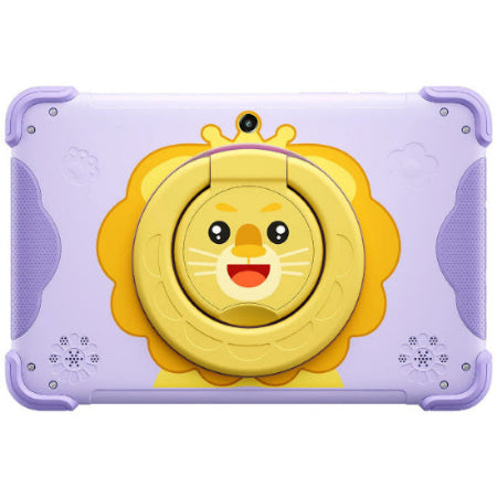 Tablet with a colorful fairy on a cloud display, surrounded by a purple protective case.