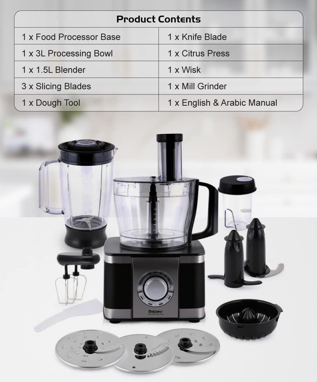 Balzano Food Processor Royal, 12 in 1, 3Lit, 1100Watts, Stainless Steel / Silver Balzano Food Processor Royal, 12 in 1, 3Lit, 1100Watts, Stainless Steel / Silver