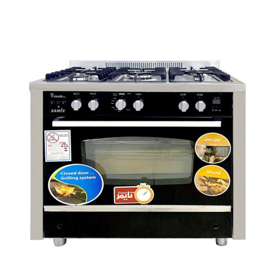 Stove with gas cooktop and oven on a white background