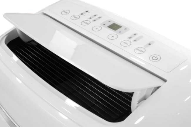 White air conditioner with control panel on a white background